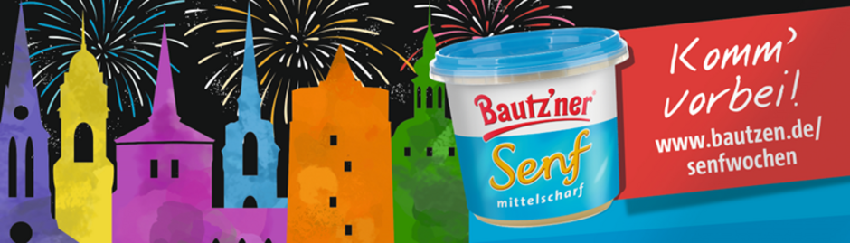 Werbegrafik mit bunten Gebäuden, Feuerwerk und Bautzner Senf. Roter Hintergrund mit weißem Text „KOMM' VORBEI“.