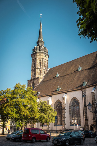 Blick auf den Dom St. Petri in Bautzen bei blauem Himmel, umgeben von Bäumen.