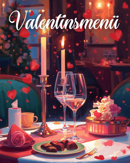 Eingedeckter Tisch für 2 Personen mit Keuzen in der mitte. 2 Weingläse stehen auf dem romatisch dekorierten Tisch.