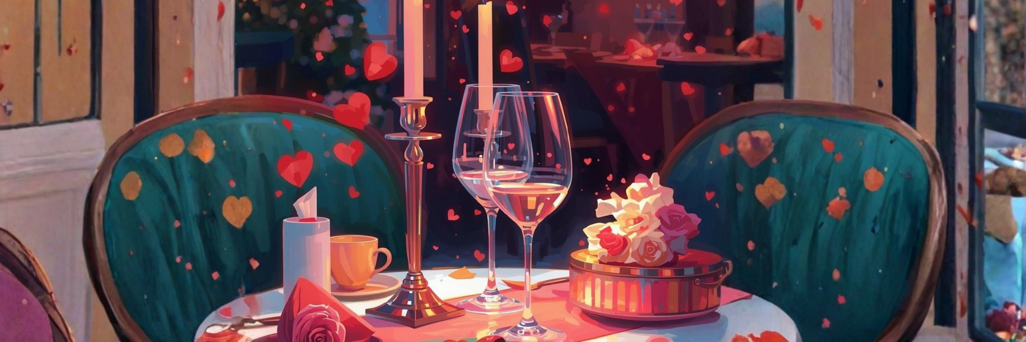 Eingedeckter Tisch für 2 Personen mit Keuzen in der mitte. 2 Weingläse stehen auf dem romatisch dekorierten Tisch.