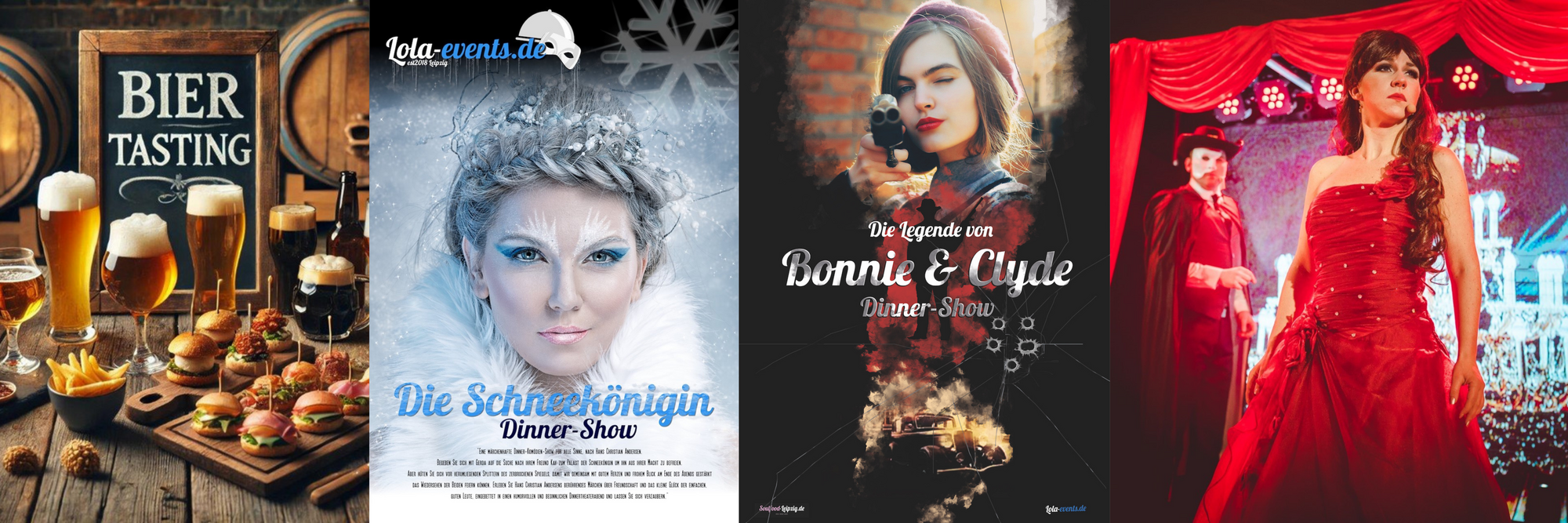Plakate der Dinnerveranstaltungen Biertasting, Schneekönigin, Bonnie und  Clyde und Musical meets Dinner